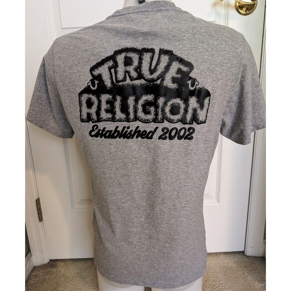 True Religion Men T-Shirt Large L Gray Double Sided Horseshoe Back Graphic Logo
